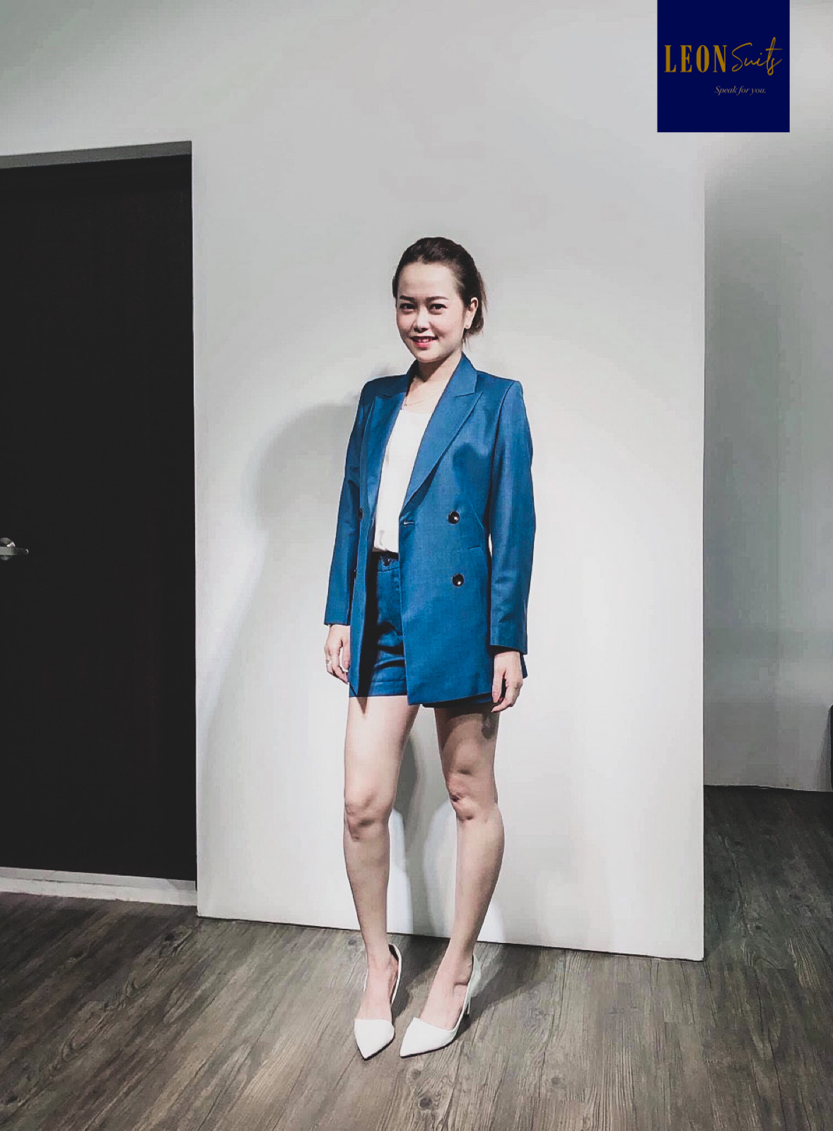 Custom Made Blue Double-breasted Lady Suit with Shorts