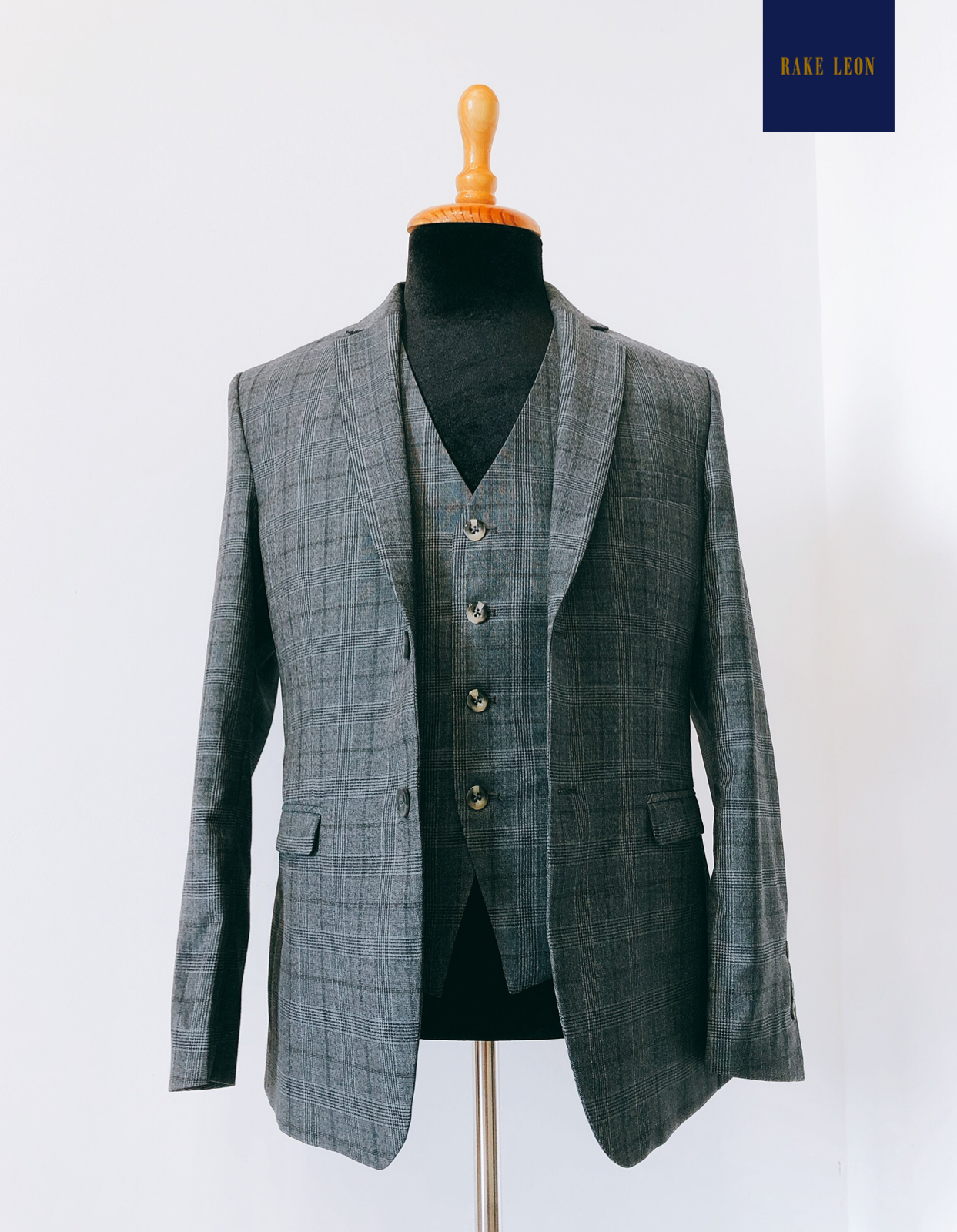 RAKE LEON 3-Piece Plaid Grey Prince of Wales Suit