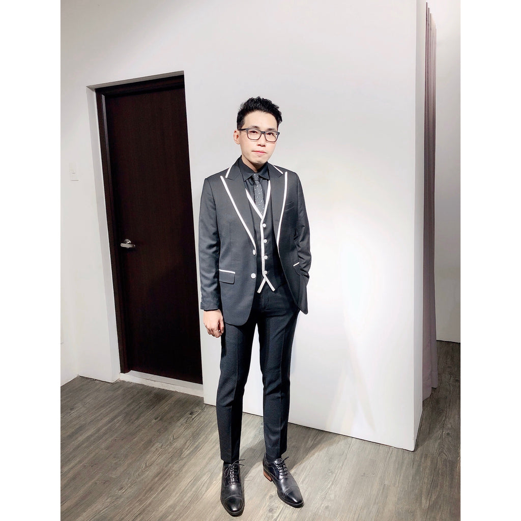 Standard Custom Made Black White Edged 3 Piece Suit