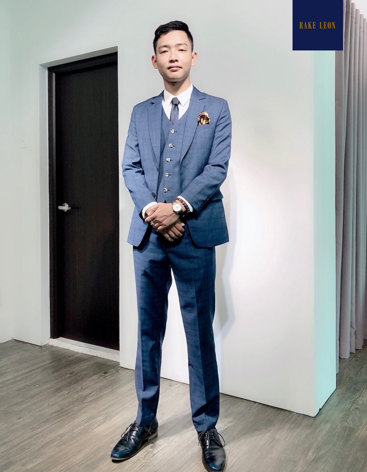 RAKE LEON Blue Prince of Wales 3-piece Suit