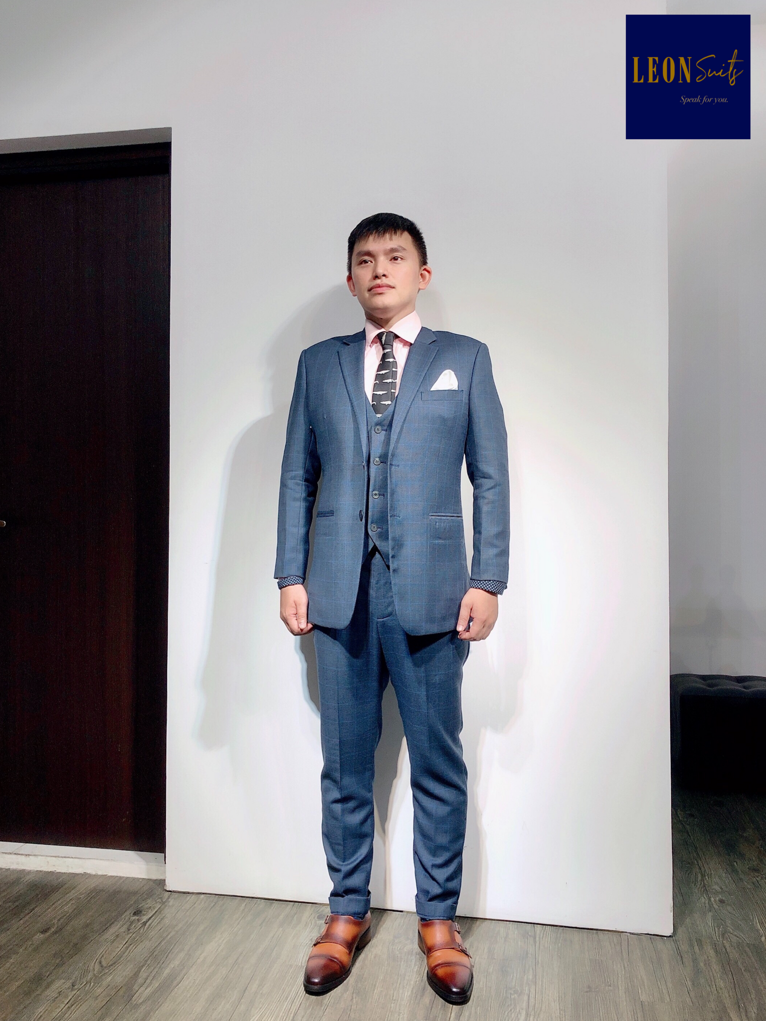 Premium Custom Made Grey with Blue Windowpane 3-piece Suit